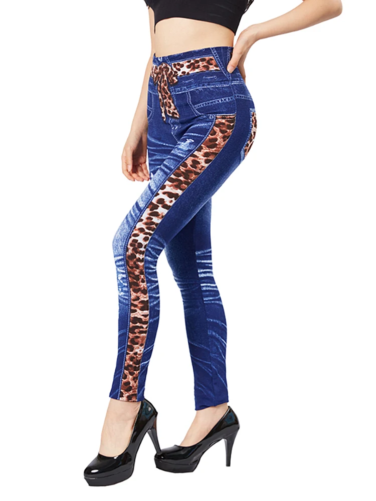 CUHAKCI High Waist Fake Leopard Bow Print Blue Jeggings Stretch Slim Fit Pencil Pant Faux Denim Sexy Women Workout Yoga Legging