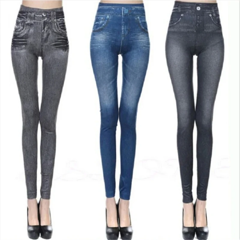 2024 Sexy Astic Imitation Jeans Leggings Women Stretch High Waist Pants Fitness Slim Push Up Leggings For Women Summer Breeches
