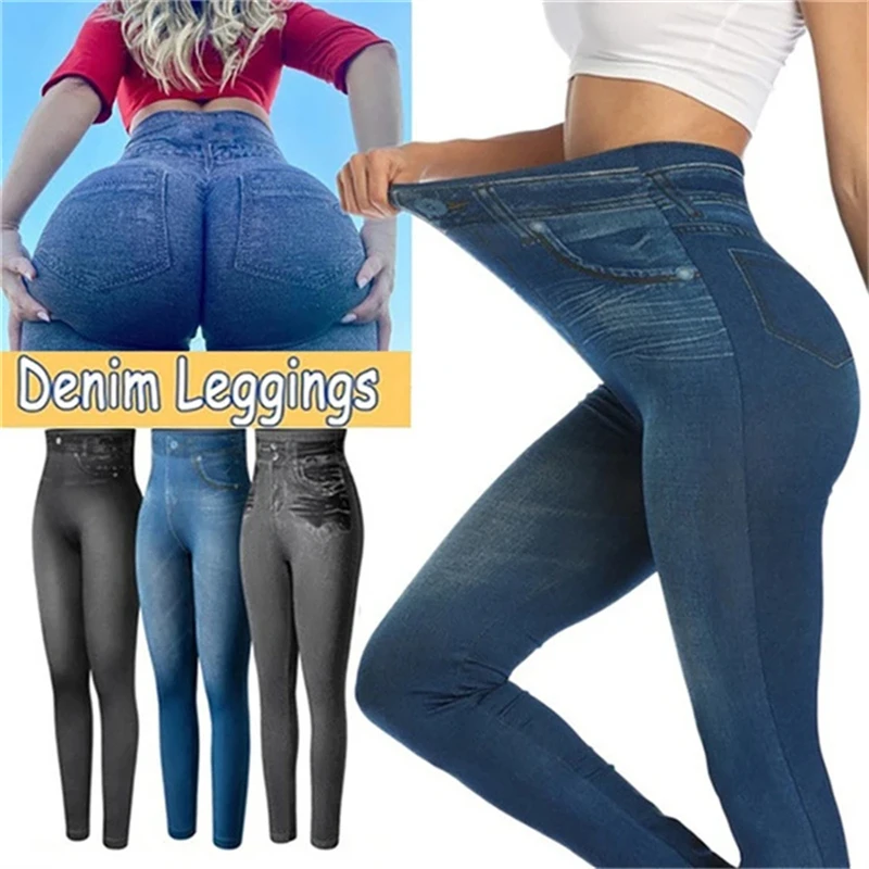 2024 Sexy Astic Imitation Jeans Leggings Women Stretch High Waist Pants Fitness Slim Push Up Leggings For Women Summer Breeches