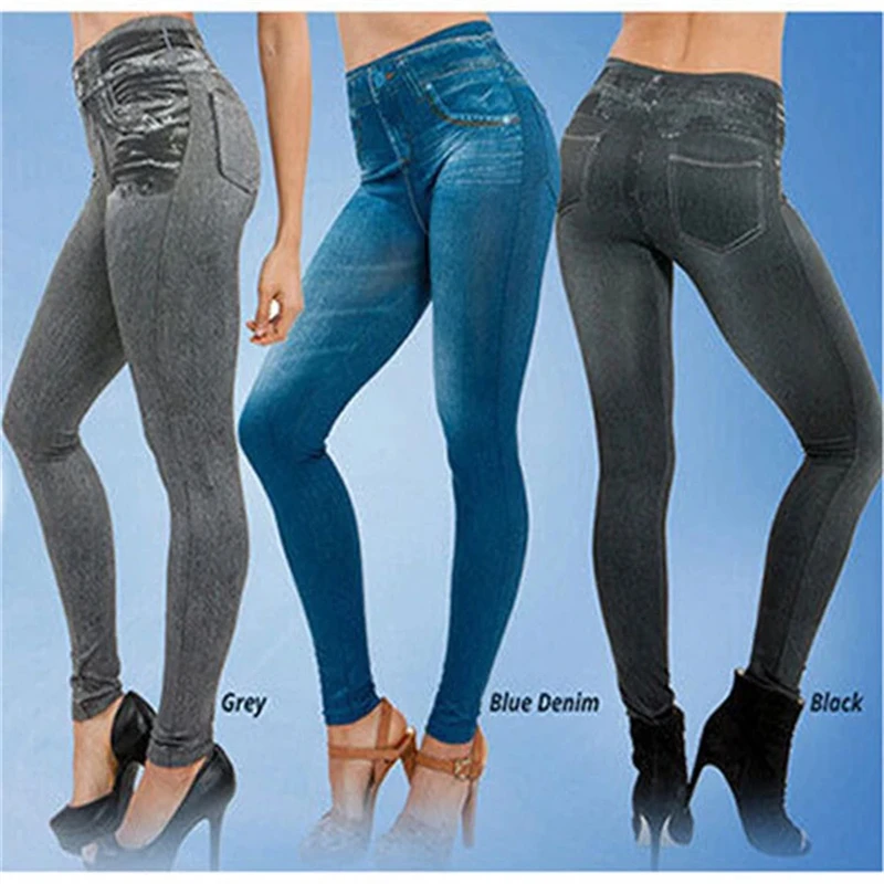 2024 Sexy Astic Imitation Jeans Leggings Women Stretch High Waist Pants Fitness Slim Push Up Leggings For Women Summer Breeches