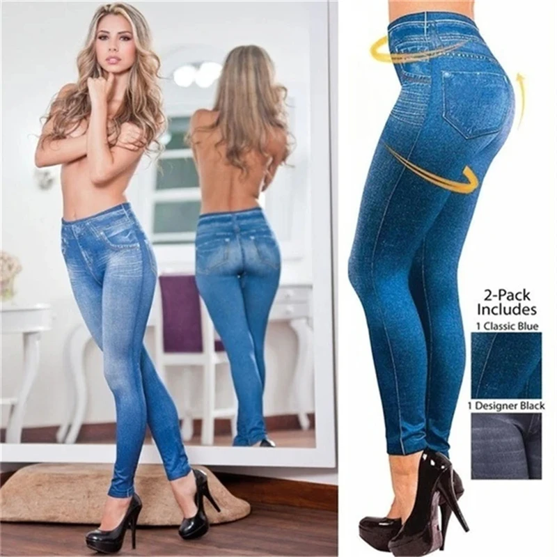 2024 Sexy Astic Imitation Jeans Leggings Women Stretch High Waist Pants Fitness Slim Push Up Leggings For Women Summer Breeches