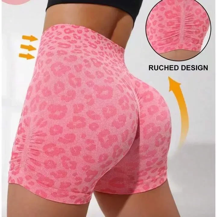 Leopard Print Shorts Women Slim Seamless Leggings High Waist Hip Liftting Knit Gym Running High Elastic Fashion Yoga Shorts