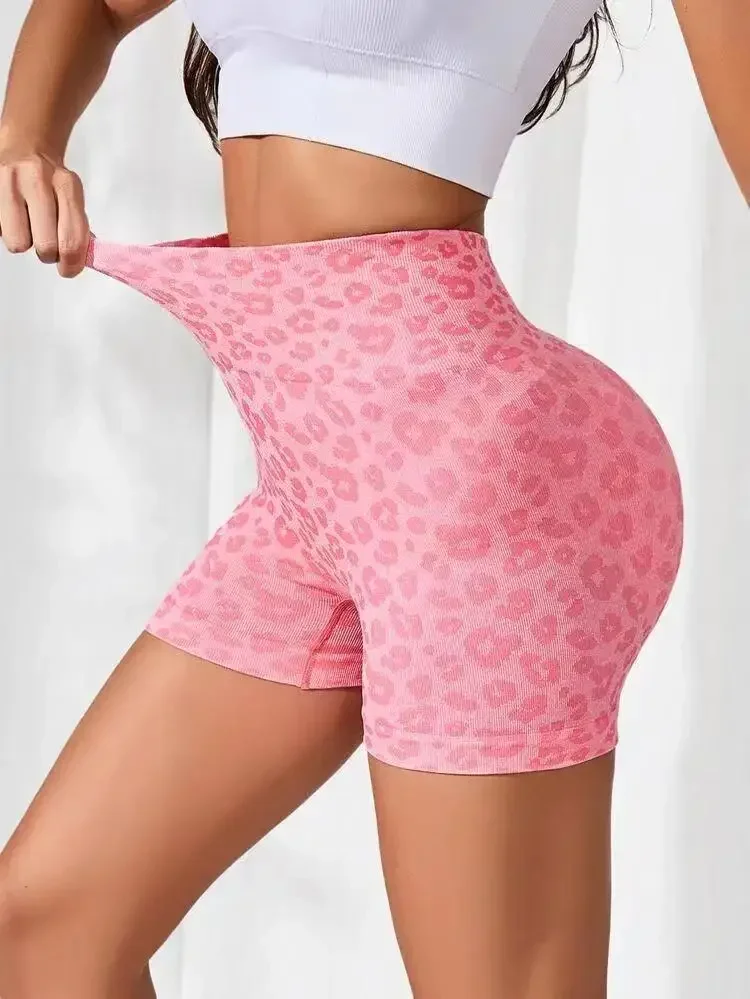 Leopard Print Shorts Women Slim Seamless Leggings High Waist Hip Liftting Knit Gym Running High Elastic Fashion Yoga Shorts