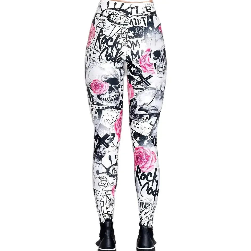 Floral & Skull print elastic elastic waist slim-fit women's leggings for everyday wear