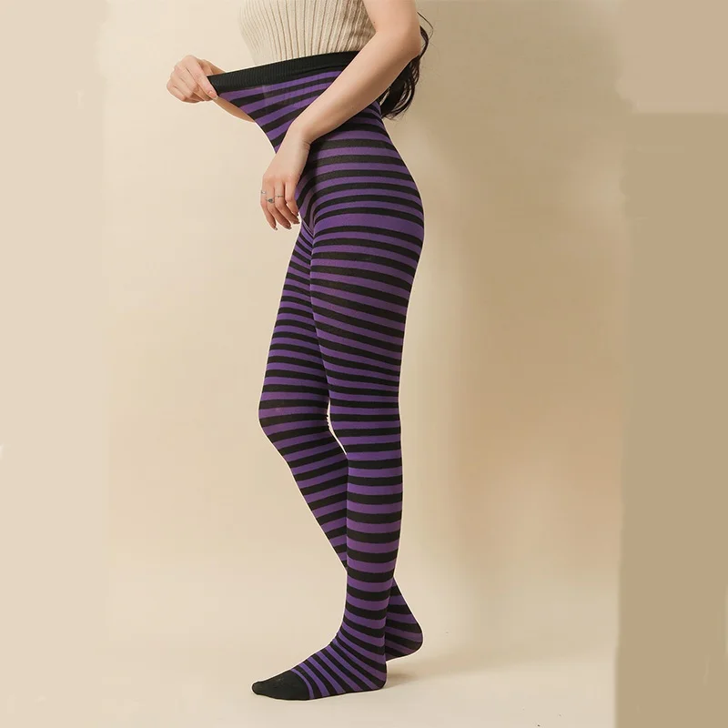 Goth Style Punk Women Striped Pantyhose Rainbow Long Tights Halloween Christmas High Waist Cosplay Stocking Elastic Slim Legging