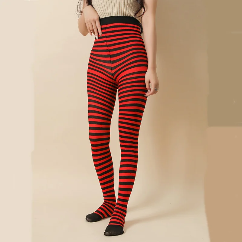 Goth Style Punk Women Striped Pantyhose Rainbow Long Tights Halloween Christmas High Waist Cosplay Stocking Elastic Slim Legging