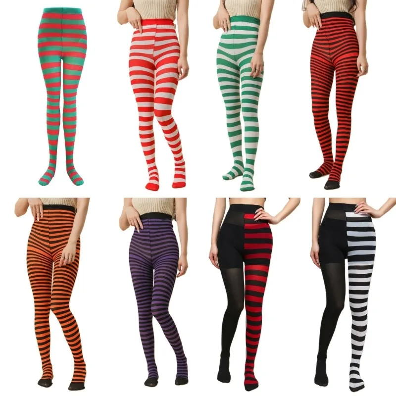 Goth Style Punk Women Striped Pantyhose Rainbow Long Tights Halloween Christmas High Waist Cosplay Stocking Elastic Slim Legging
