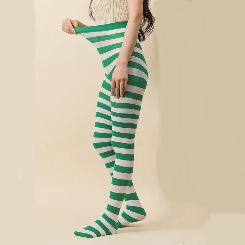 Goth Style Punk Women Striped Pantyhose Rainbow Long Tights Halloween Christmas High Waist Cosplay Stocking Elastic Slim Legging