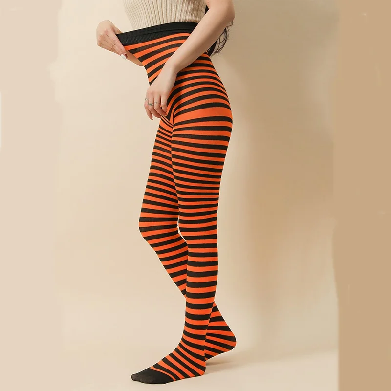 Goth Style Punk Women Striped Pantyhose Rainbow Long Tights Halloween Christmas High Waist Cosplay Stocking Elastic Slim Legging