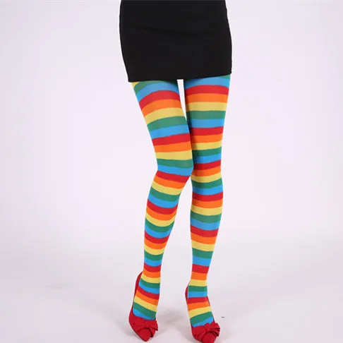 Goth Style Punk Women Striped Pantyhose Rainbow Long Tights Halloween Christmas High Waist Cosplay Stocking Elastic Slim Legging