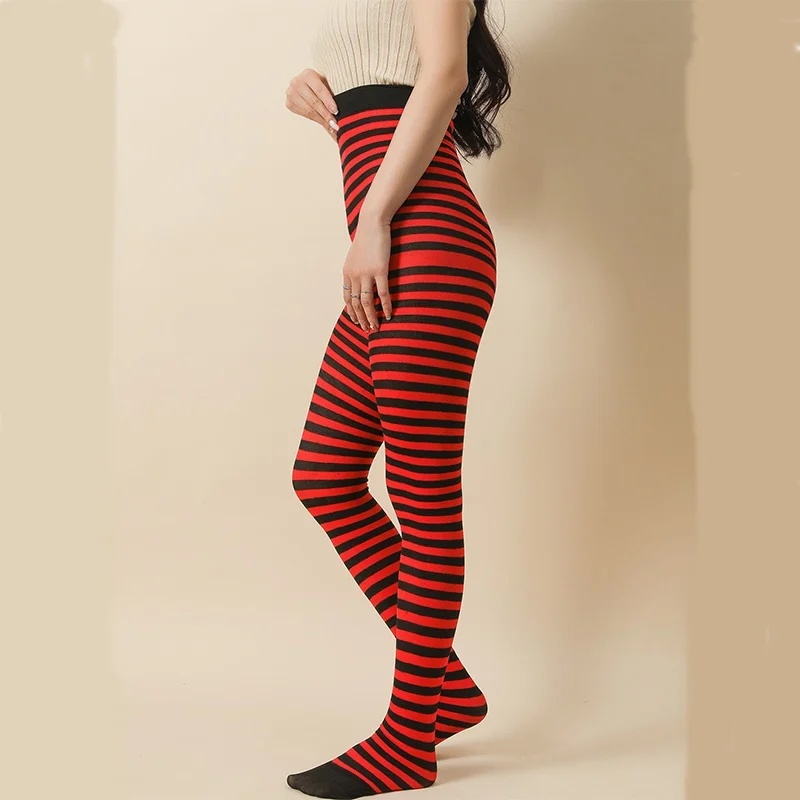 Goth Style Punk Women Striped Pantyhose Rainbow Long Tights Halloween Christmas High Waist Cosplay Stocking Elastic Slim Legging