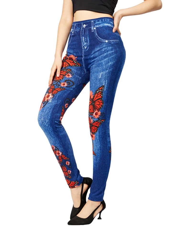 CUHAKCI Sexy Gym Leggins High Waist Elastic Butterfly Pritned Pencil Pants Faux Denim Leggings Female New Disign Hot Sale