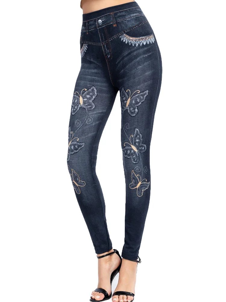 CUHAKCI Sexy Gym Leggins High Waist Elastic Butterfly Pritned Pencil Pants Faux Denim Leggings Female New Disign Hot Sale