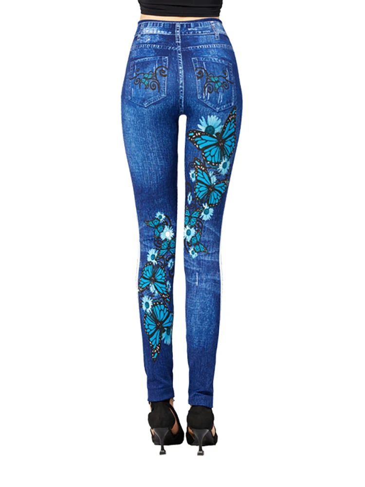 CUHAKCI Sexy Gym Leggins High Waist Elastic Butterfly Pritned Pencil Pants Faux Denim Leggings Female New Disign Hot Sale