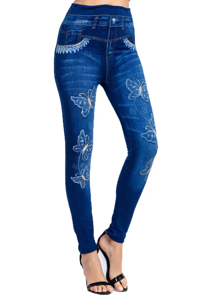 CUHAKCI Sexy Gym Leggins High Waist Elastic Butterfly Pritned Pencil Pants Faux Denim Leggings Female New Disign Hot Sale