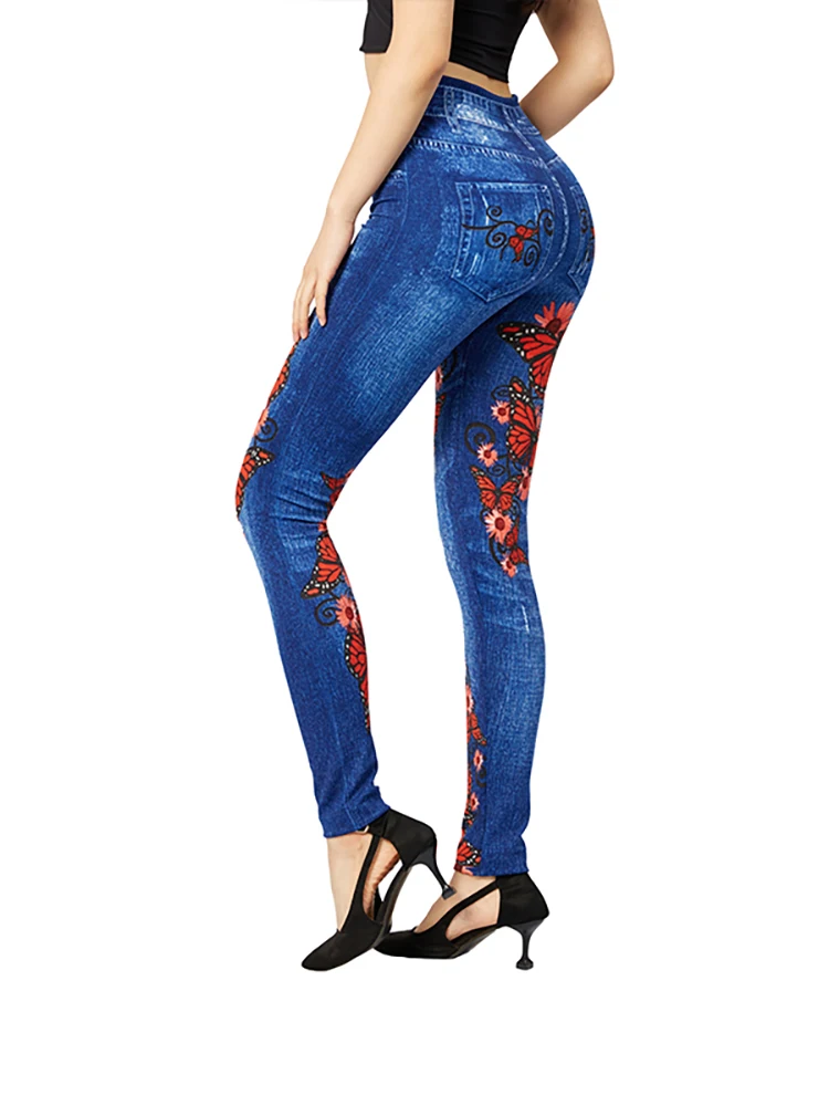 CUHAKCI Sexy Gym Leggins High Waist Elastic Butterfly Pritned Pencil Pants Faux Denim Leggings Female New Disign Hot Sale