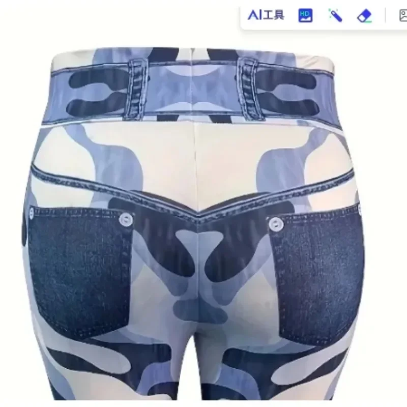 Plus Size XL - 5XL  Faux Denim High Waist Slim Printed Skinny Trousers Showing Personalized Trend