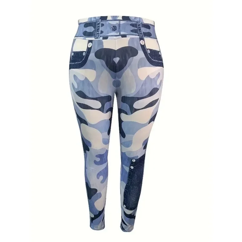 Plus Size XL - 5XL  Faux Denim High Waist Slim Printed Skinny Trousers Showing Personalized Trend