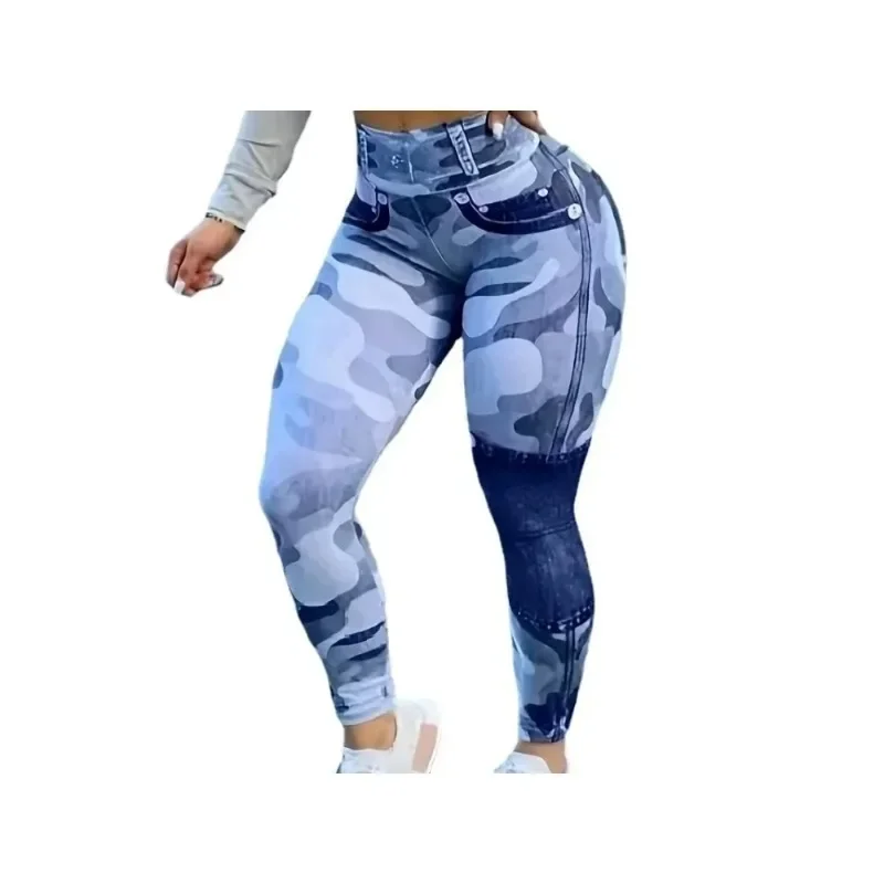 Plus Size XL - 5XL  Faux Denim High Waist Slim Printed Skinny Trousers Showing Personalized Trend