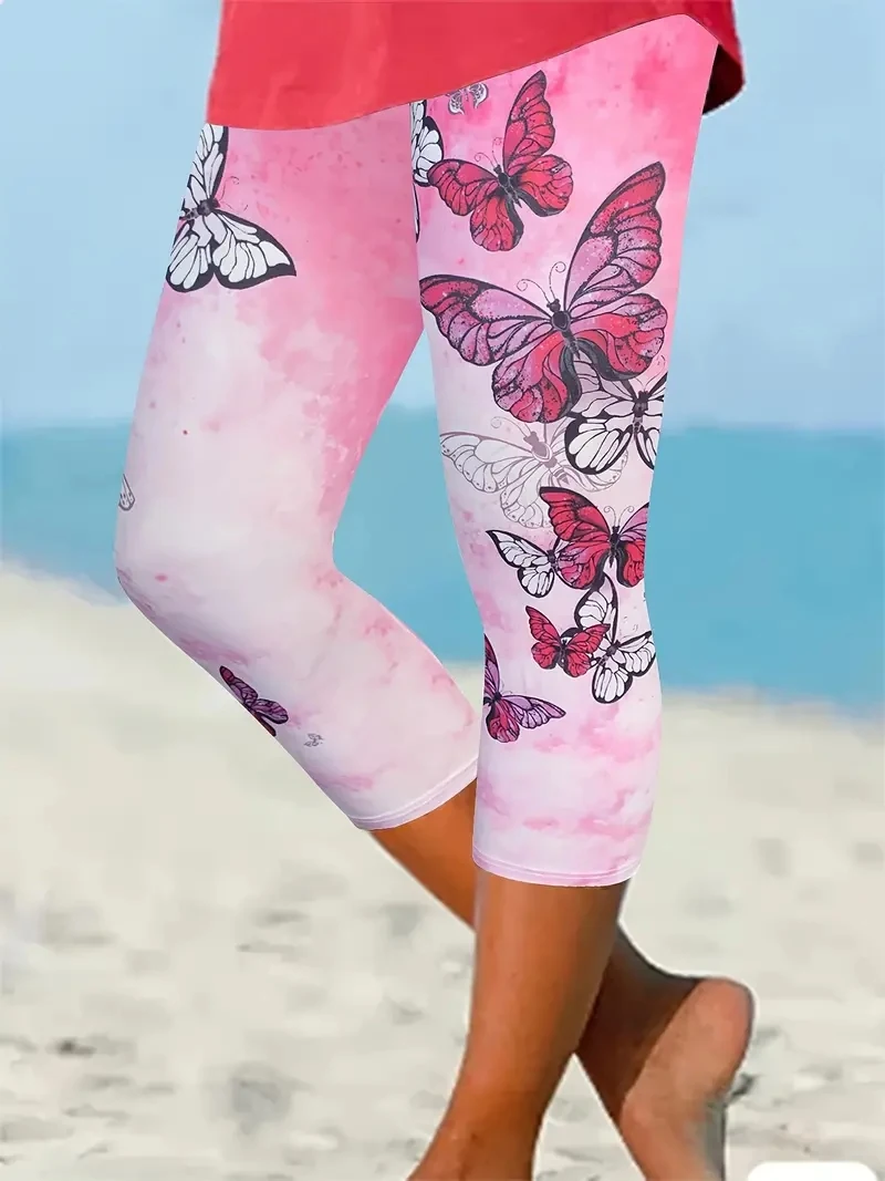 Butterfly print stretch elastic waist slim casual leggings women's capri pants