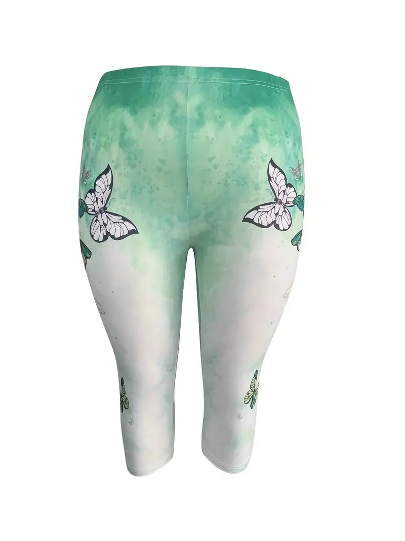 Butterfly print stretch elastic waist slim casual leggings women's capri pants