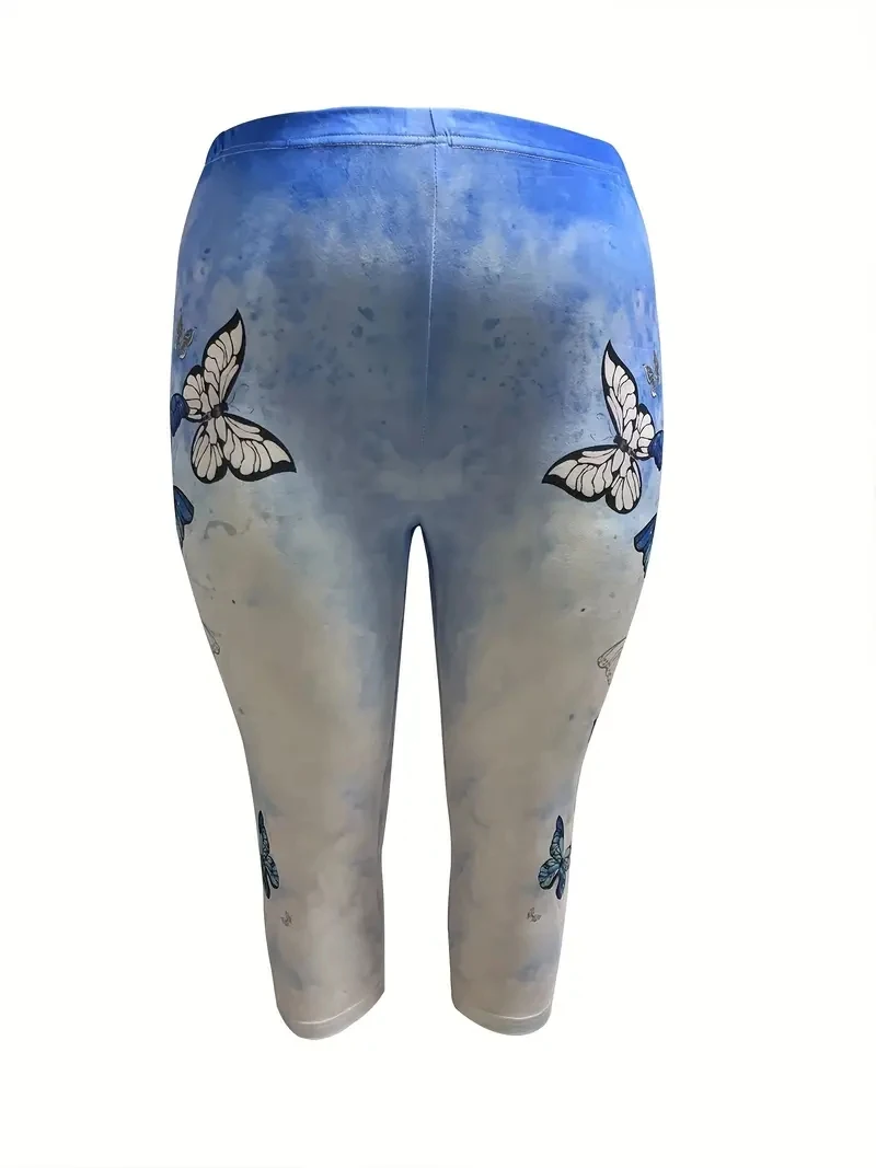 Butterfly print stretch elastic waist slim casual leggings women's capri pants