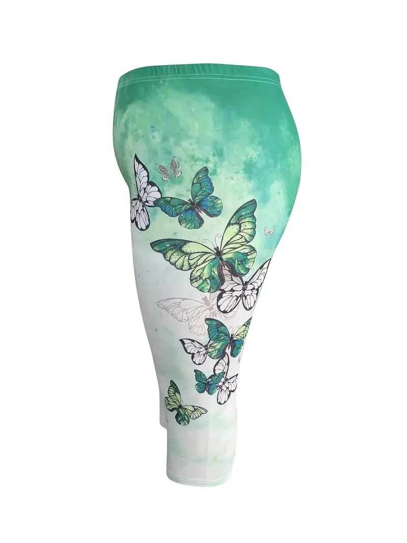 Butterfly print stretch elastic waist slim casual leggings women's capri pants