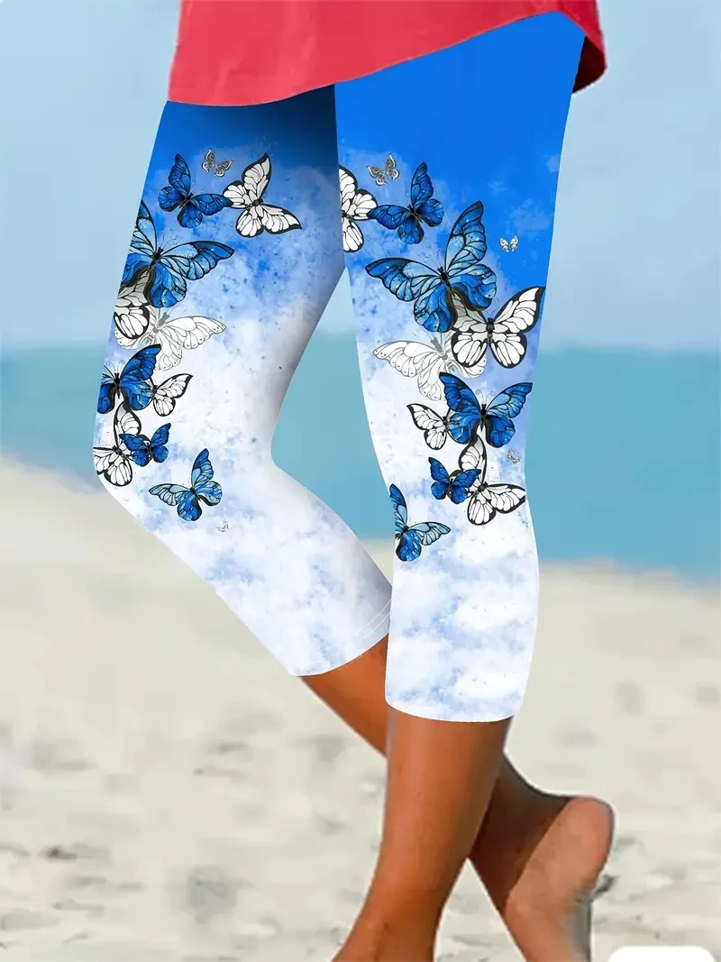 Butterfly print stretch elastic waist slim casual leggings women's capri pants