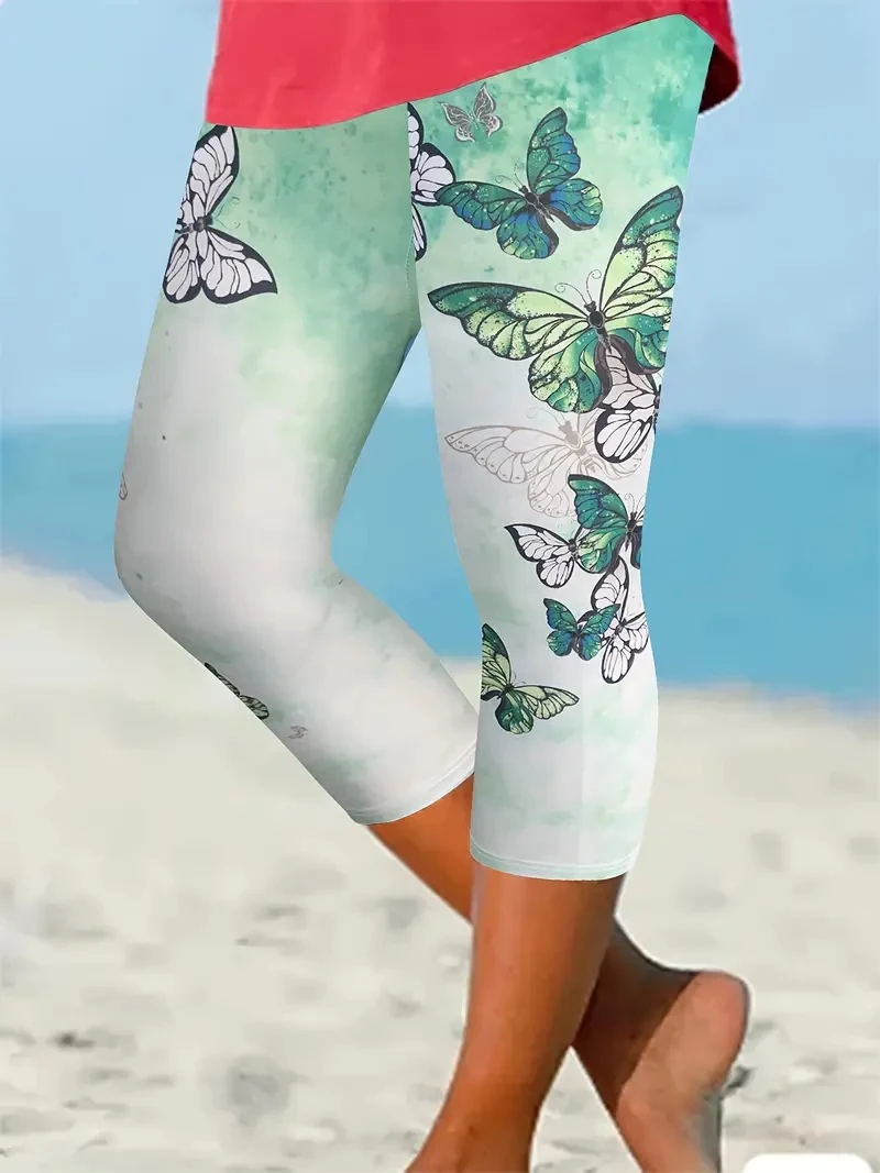 Butterfly print stretch elastic waist slim casual leggings women's capri pants