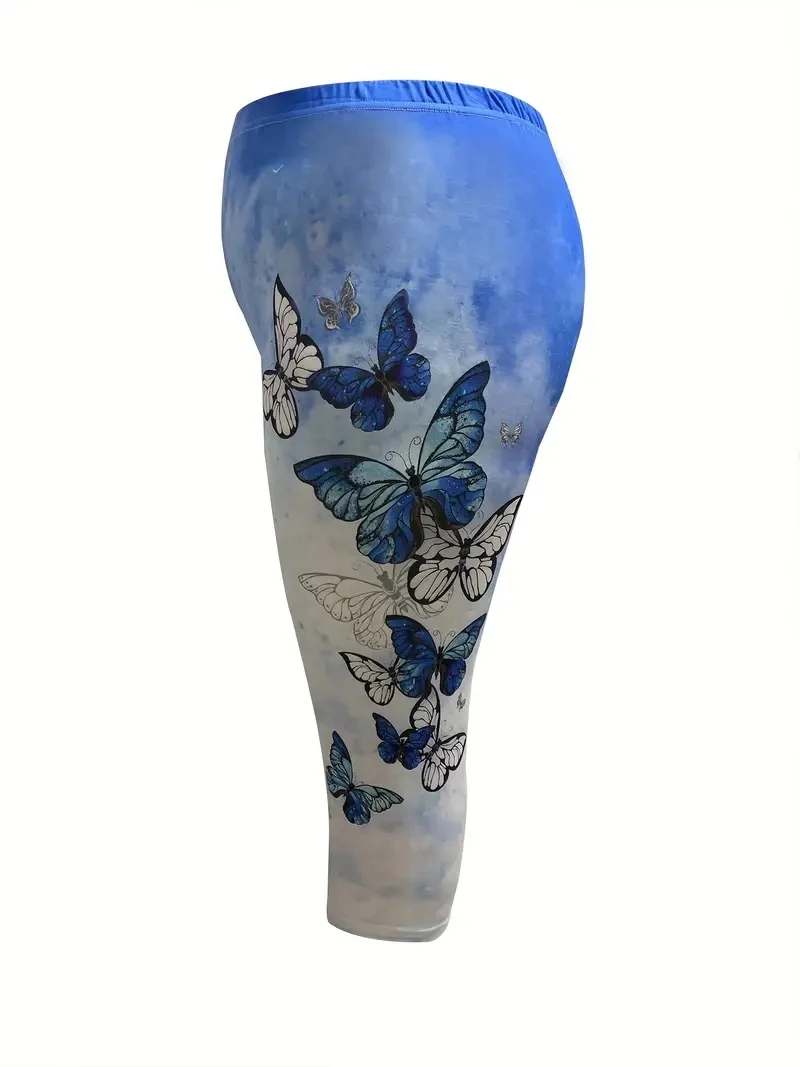 Butterfly print stretch elastic waist slim casual leggings women's capri pants
