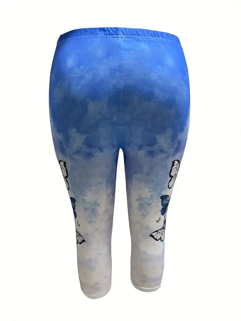 Butterfly print stretch elastic waist slim casual leggings women's capri pants