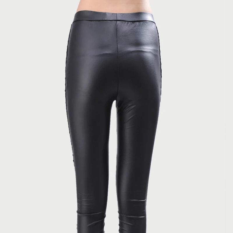 Stylish Sexy Women Faux Leather Gothic Punk Leggings Pants Imitation Lace Skinny Pants Nine-point Trousers Leather Goth Pants