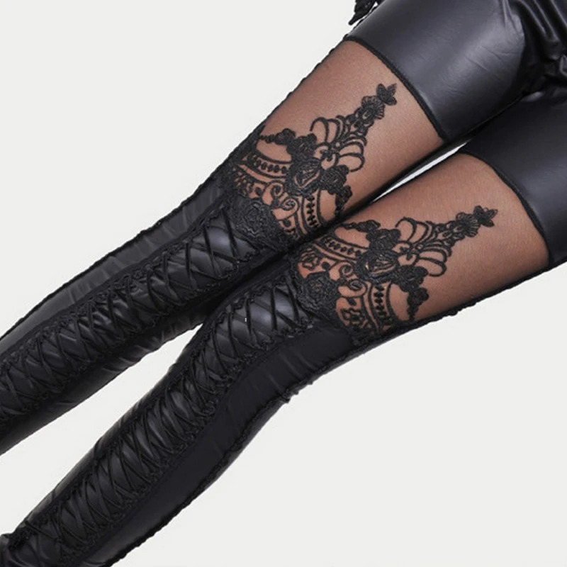 Stylish Sexy Women Faux Leather Gothic Punk Leggings Pants Imitation Lace Skinny Pants Nine-point Trousers Leather Goth Pants