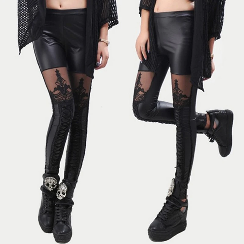 Stylish Sexy Women Faux Leather Gothic Punk Leggings Pants Imitation Lace Skinny Pants Nine-point Trousers Leather Goth Pants