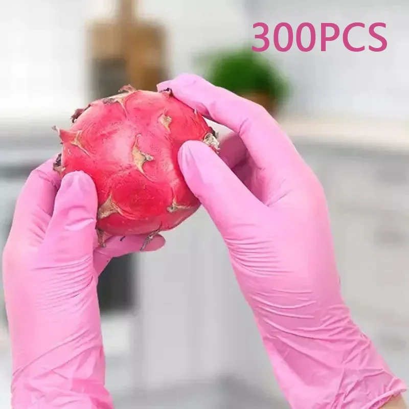 100/200/300PCS Pink Nitrile Gloves For Cleaning Kitchen Dishwashing Gloves For Hair Dyeing Beauty Tattoo Household Supplies