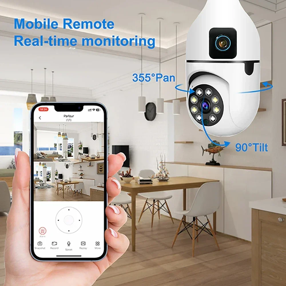 4MP Dual Lens WIFI Bulb Camera CCTV IP Wireless PTZ Cameras Color Night Vision Two-Way Audio Indoor Video Surveillance Cam