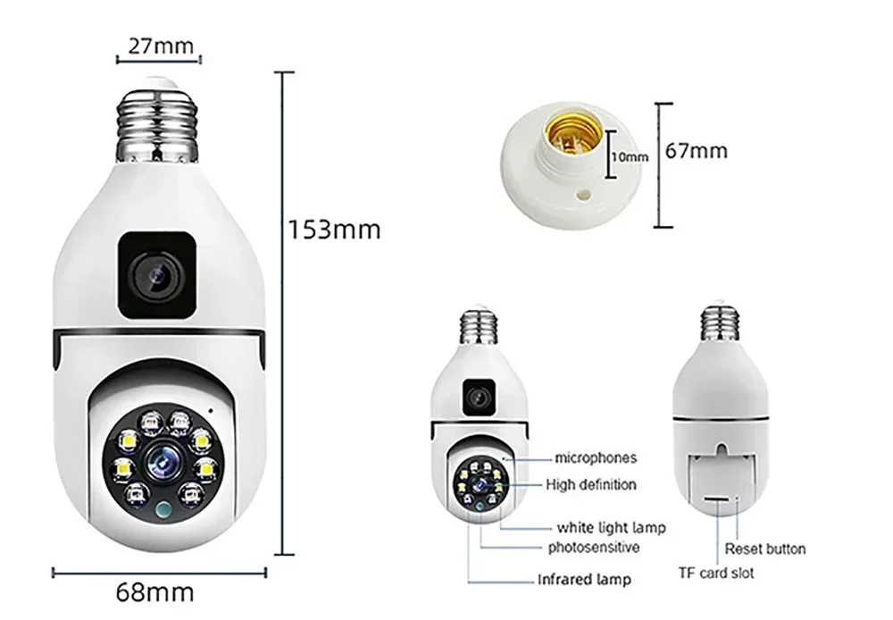 4MP Dual Lens WIFI Bulb Camera CCTV IP Wireless PTZ Cameras Color Night Vision Two-Way Audio Indoor Video Surveillance Cam