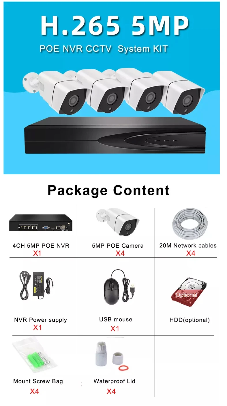 2023 H.265 4 Channel 5MP Network Waterproof IP Cameras Indoor Outdoor Video Surveillance Security System POE NVR Kit