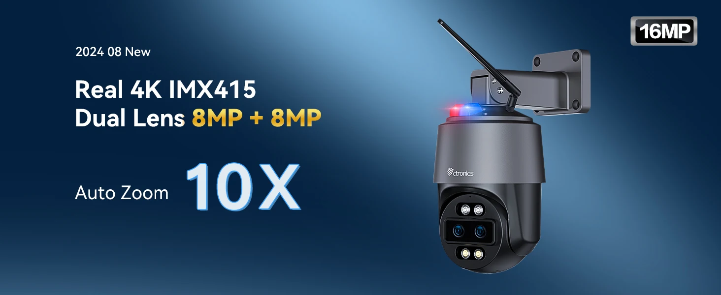 Ctronics Outdoor Wifi Surveillance Camera 4K 16MP 8MP + 8MP Dual Lens 360 10X Auto Zoom Tracking Security Camera Real 4K IMX415