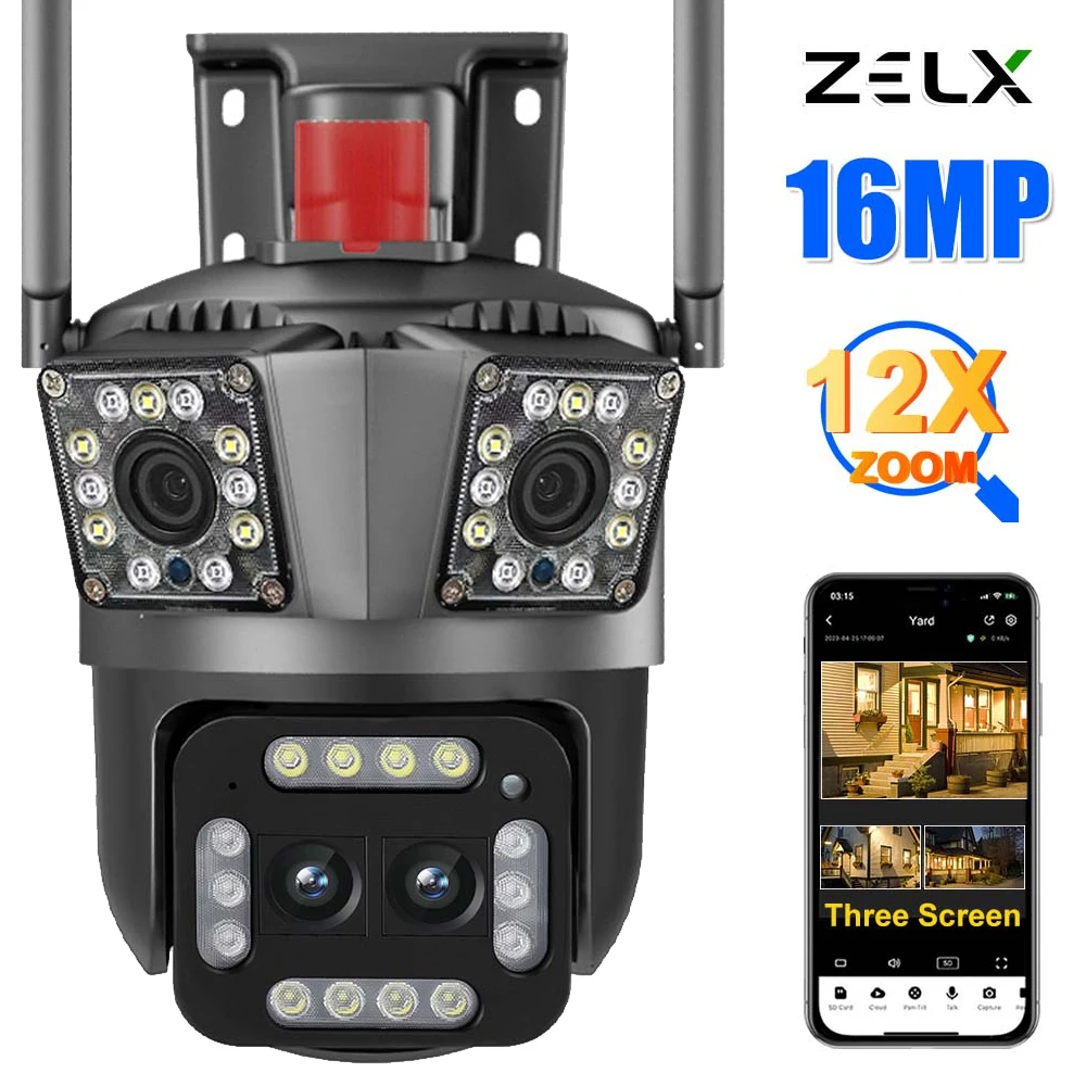 16MP 8K HD WiFi Camera Outdoor 12X Zoom Four Lens Three Screen Auto Tracking Security Protection 4K PTZ Video Surveillance CCTV 16MP 8K HD WiFi Camera Outdoor 12X Zoom Four Lens Three Screen Auto Tracking Security Protection 4K PTZ Video Surveillance CCTV