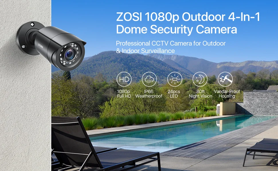 ZOSI 4pcs/lot 1080p HD-TVI CCTV Security Camera ,80ft Night Vision ,Outdoor Whetherproof Surveillance Camera Kit