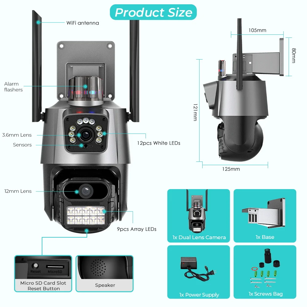 4K 8MP WiFi PTZ IP Camera Dual Lens &Screen Auto Tracking Outdoor Waterproof Security Video CCTV Surveillance Camera Light Alarm