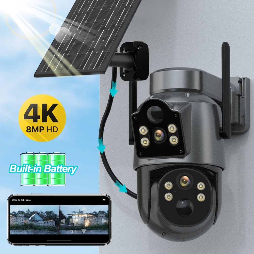 4K 8MP Wireless Solar Camera Outdoor WiFi PTZ Camera Built-in Battery 4MP PIR Detection Video Surveillance Long Time Standby 4K 8MP Wireless Solar Camera Outdoor WiFi PTZ Camera Built-in Battery 4MP PIR Detection Video Surveillance Long Time Standby