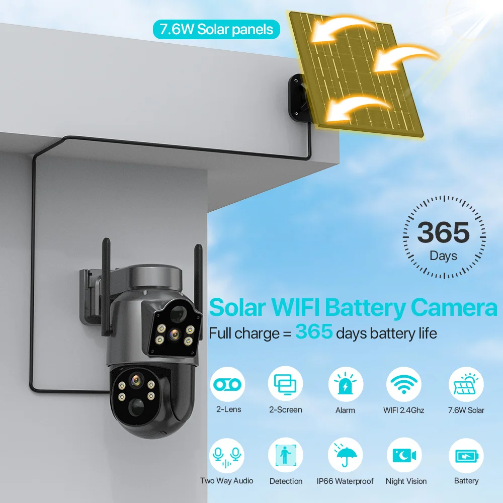 4K 8MP Wireless Solar Camera Outdoor WiFi PTZ Camera Built-in Battery 4MP PIR Detection Video Surveillance Long Time Standby