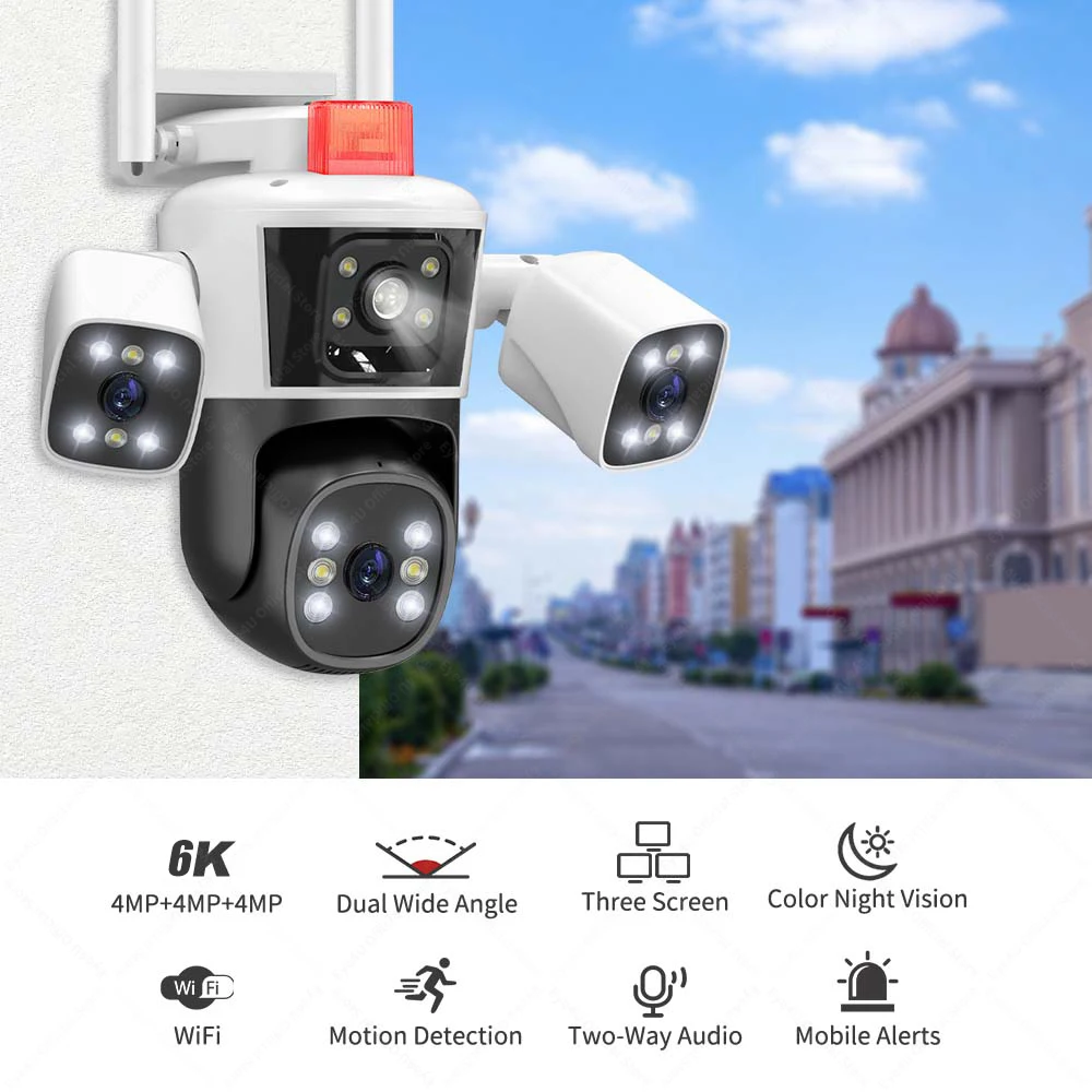 6K 12MP Security WiFi Camera Outdoor Three Screens PTZ Cameras Ai Motion Detection CCTV Video Surveillance Cam Waterproof Camera