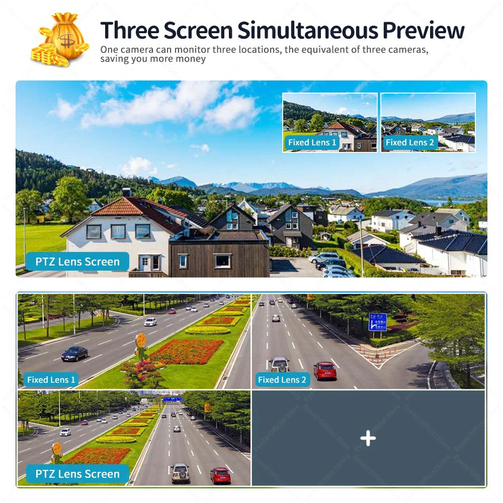 6K 12MP Security WiFi Camera Outdoor Three Screens PTZ Cameras Ai Motion Detection CCTV Video Surveillance Cam Waterproof Camera