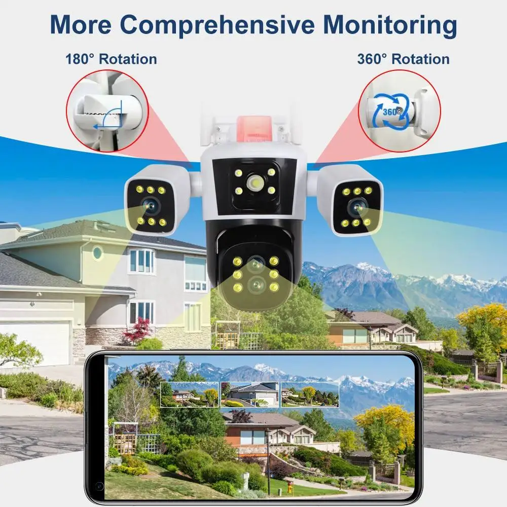 8K 16MP IP Camera WiFi Three Screens Outdoor PTZ Cameras Home Security Protection Auto Tracking CCTV Video Surveillance Cam