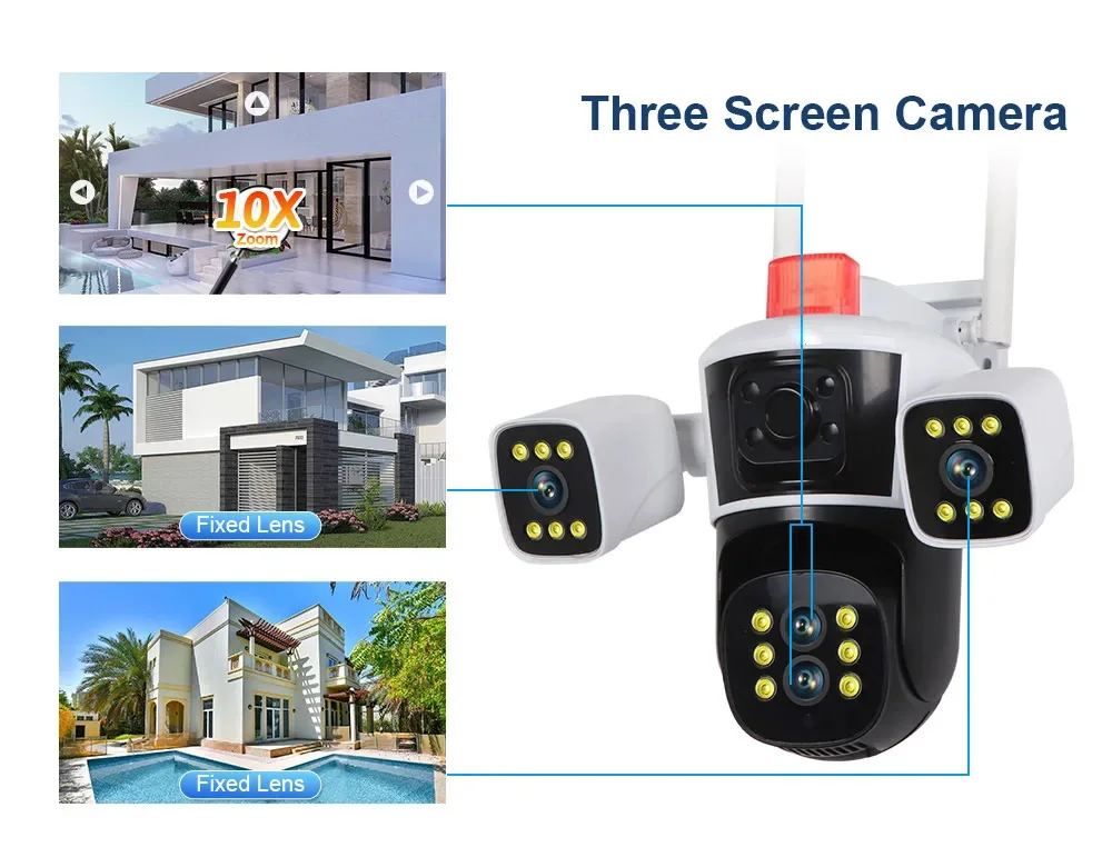 8K 16MP IP Camera WiFi Three Screens Outdoor PTZ Cameras Home Security Protection Auto Tracking CCTV Video Surveillance Cam