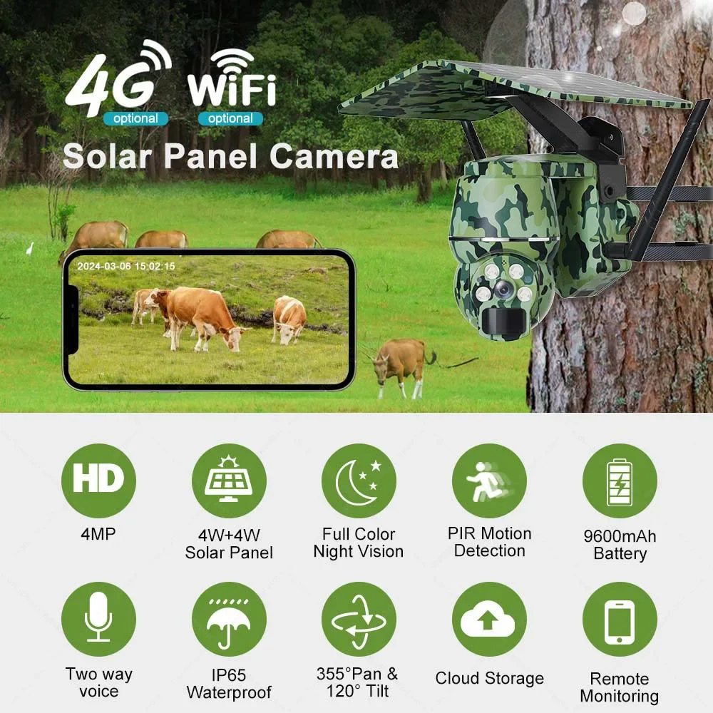 4G SIM IP Solar Camera 2K 4MP Outdoor Wireless WIFI Wildlife Camera PTZ Video Surveillance Security Protection CCTV Monitor
