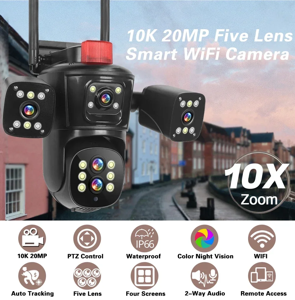 20MP Four screens 10X Zoom WiFi IP Camera 10K CCTV PTZ Cam Auto Tracking Video Outdoor Wifi Surveillance Cameras